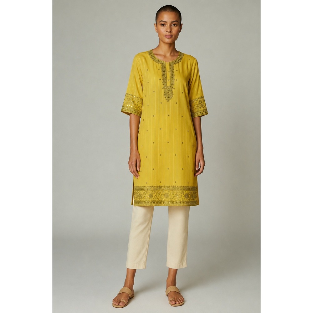 Miss Salwar Kameez Yellow Embroidered Sequin Tunic Kurti Top Short Sleeve Small